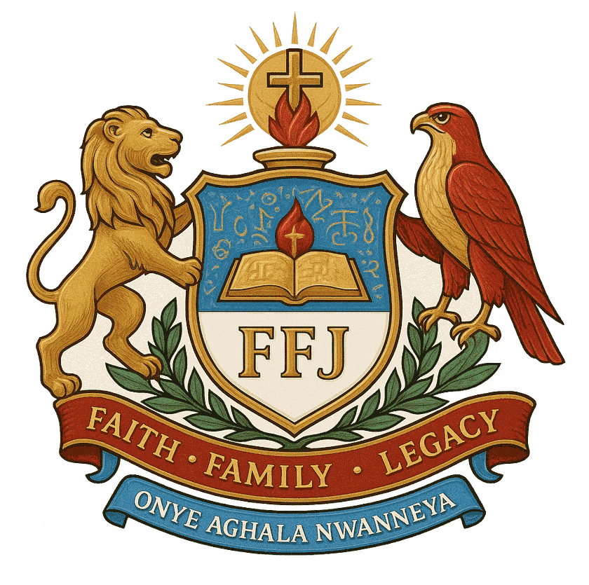 Crest of the Felix Fumnanya Onyechefule Johnson Ibeanusi Memorial Education Support Scheme: Faith, Family, Legacy. Onye Aghala Nwanneya