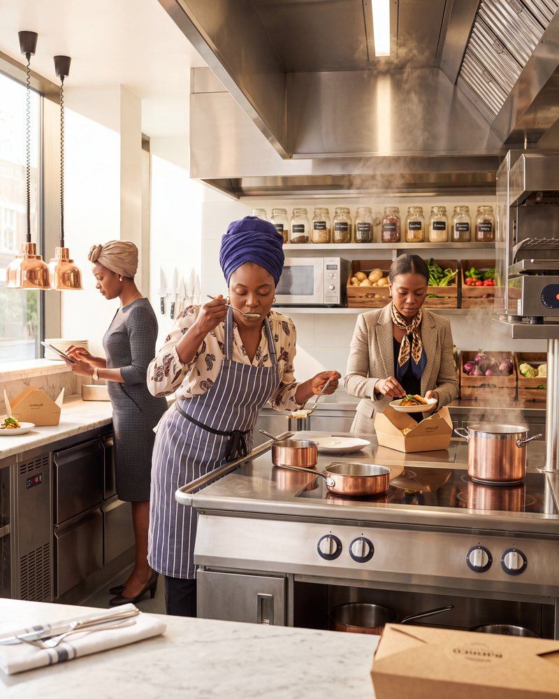 Women preparing food together in a shared community kitchen