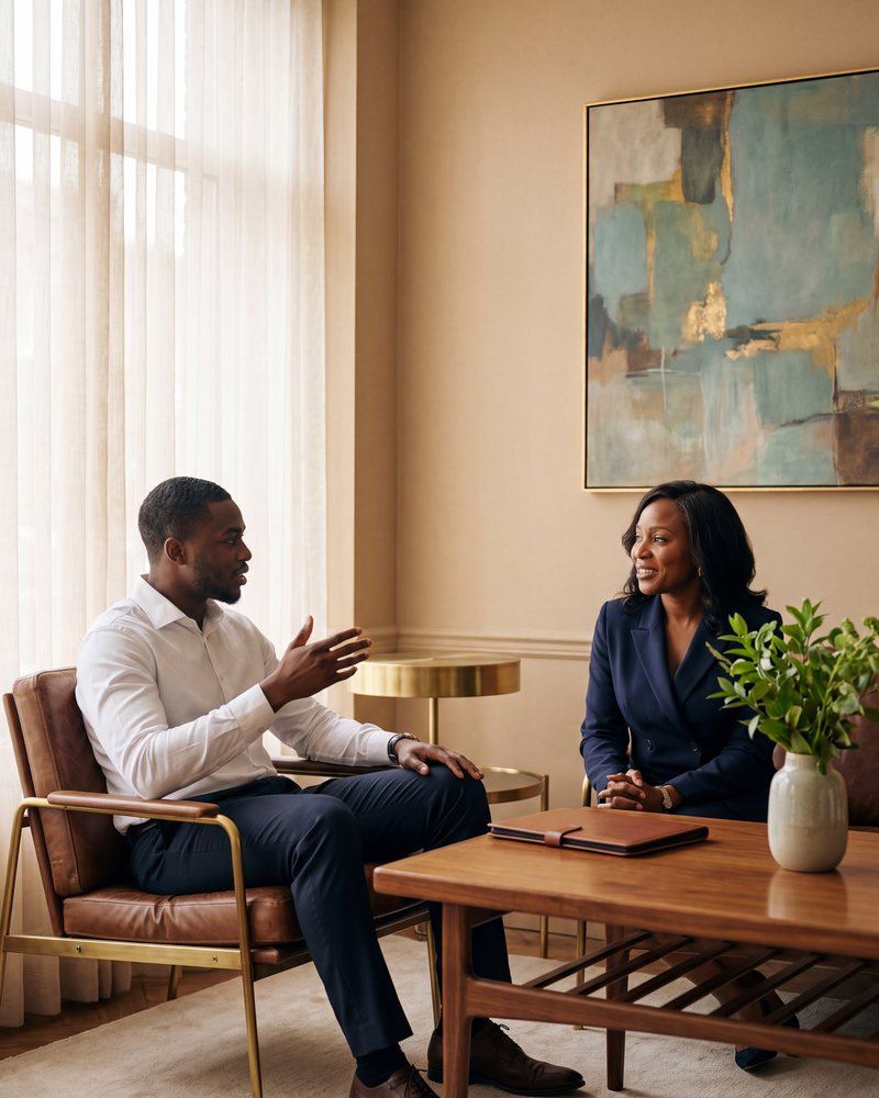 A returning migrant in conversation with a caseworker at a reintegration desk