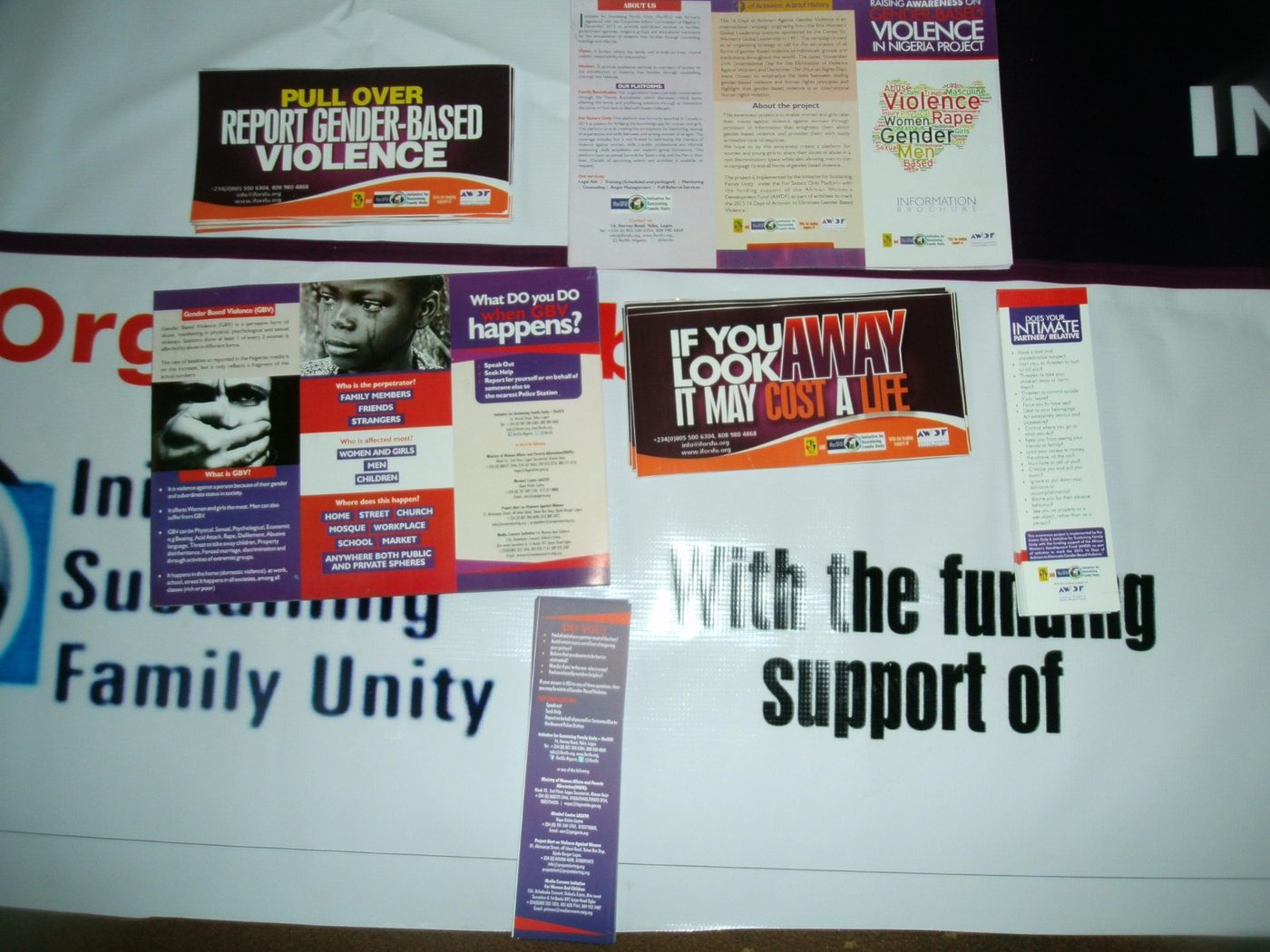 IEC materials produced for the 16 Days of Activism campaign, 2015 — leaflets, bookmarks, wristbands and car stickers.